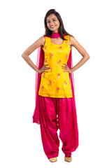 Beautiful Indian traditional girl posing on white background.