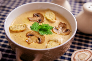 Mushrooms cream soup in the plate