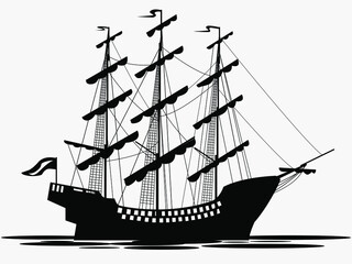vector black and white drawing of a sailboat with lowered sails for printing on walls, covers, clothes and for other illustrations