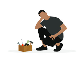 Male character squatting in front of a toolbox