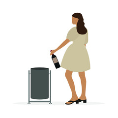 Female character in a beautiful dress throws out a wine bottle in a trash can on a white background