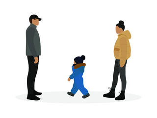 Female character, male character and child in warm clothes together on a white background