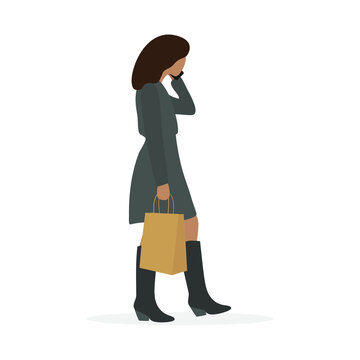 Female character is carrying a paper bag and talking on the phone on a white background