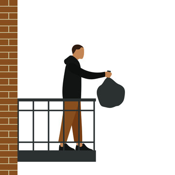 Male character throwing trash bag from balcony on white background
