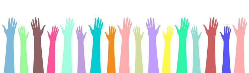  Raised up hands of different skin color. Copy space. Isolated vector illustration