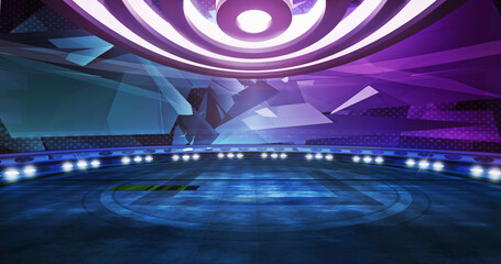 Full shot of a virtual TV show room background, ideal for artistic tv shows, tech commercials or events. 3D rendering backdrop suitable on VR tracking system stage sets, with green screen