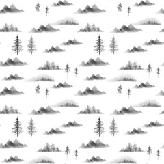 seamless pattern with watercolor illustrations of mountains and forest trees christmas trees on white background, hand painted 