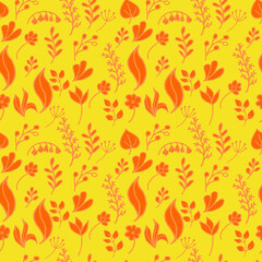 Vegetable elements seamless pattern on a warm yellow background. Small flowers, twigs, leaves. Vector in flat style. Suitable for textiles and packaging.