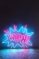 Pink and blue neon sign wow. Trendy style. WOW. Neon sign. Custom neon. Home decor. - obrazy, fototapety, plakaty