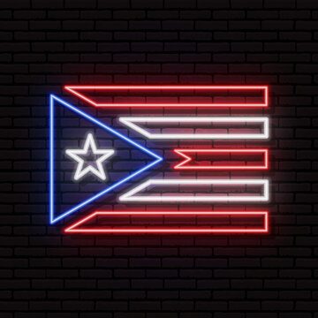 Neon sign in the form of the flag of Puerto Rico. Against the background of a brick wall with a shadow. For the design of tourist or patriotic themes. North America