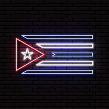 Neon sign in the form of the flag of Republic of Cuba. Against the background of a brick wall with a shadow. For the design of tourist or patriotic themes. North America