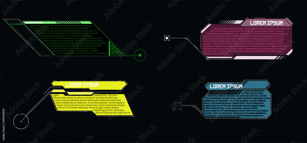 Poster set of modern frames, callouts for user menu interface elements in futuristic hud style. good for ga