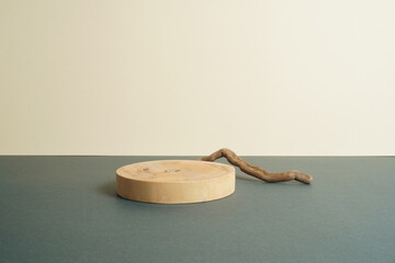 Mock up for exhibitions, presentation of products, therapy, relaxation. Round wooden saw cut shape, green leaves, dry tree twig on light background. Minimal mockup background for product presentation.