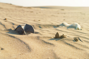 Old rusty beverage can in the sand desert. Pollution of nature recycle the trash. Environment Global problem