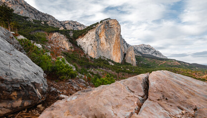 Summer Mountain Landscape with big peaks of  Crimean mountains. Shaan Kaya peak