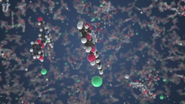 Molecule of hyoscine butylbromide. Molecular model, looping seamless 3d animation