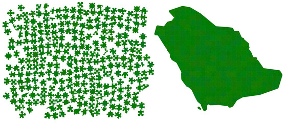 Obraz premium Kingdom Saudi Arabia map made out of different shades green - national color - jigsaw puzzle pieces, 286 scattered blocks and finished version