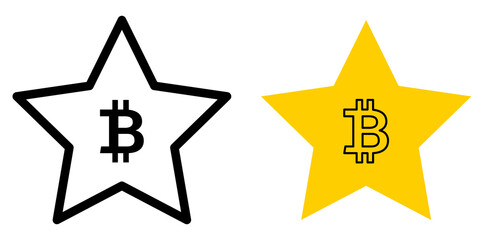 Bitcoin icon in five pointed star, btc symbol or logo