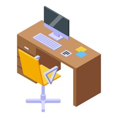 Office desk icon isometric vector. Computer workplace. Interior office computer work