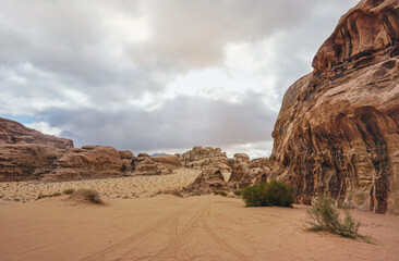 Fototapeta na wymiar Rocky massifs on red orange sand desert, overcast sky in background, 4wd vehicle track print over sand - typical scenery in Wadi Rum, Jordan