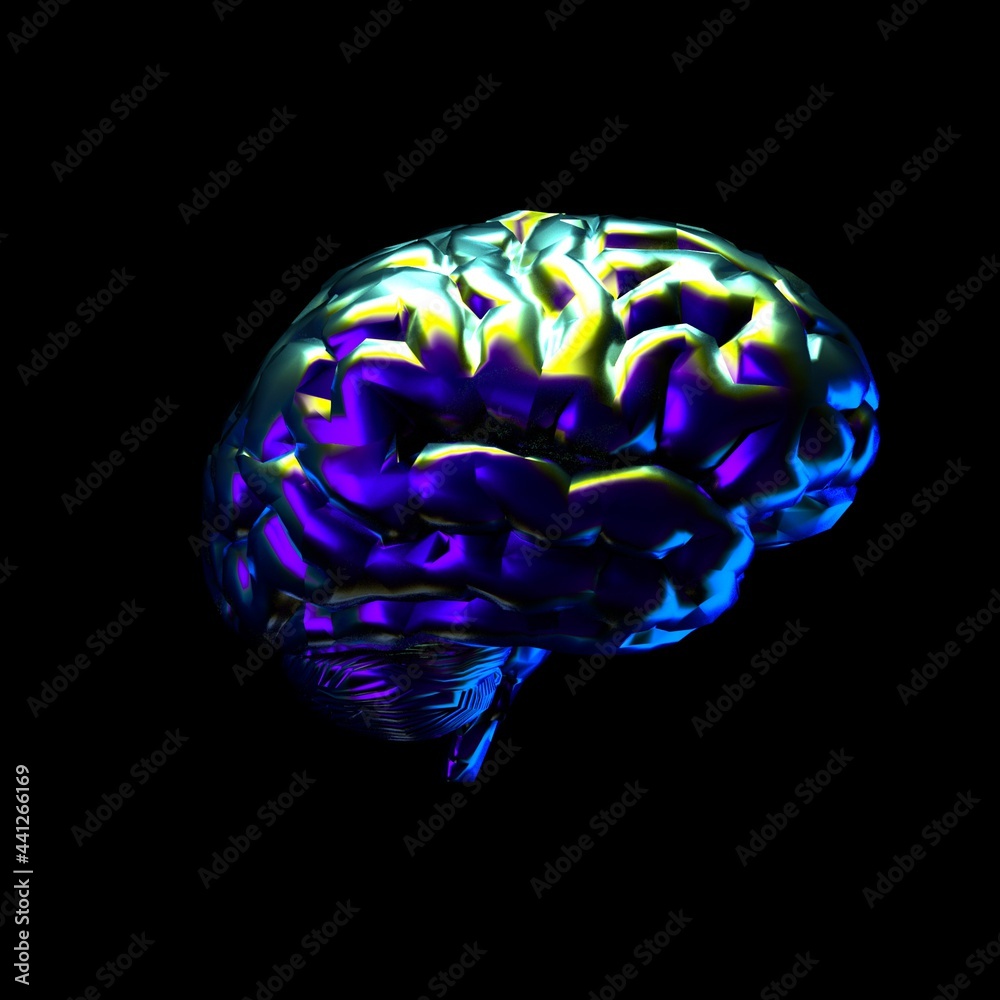 Poster 3d illustration of a brain model made of shimmering holographic material.