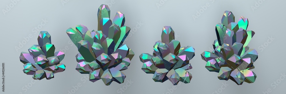 Poster a set of crystals demonstrating the effect of light scattering and dispersion. 3d illustration.