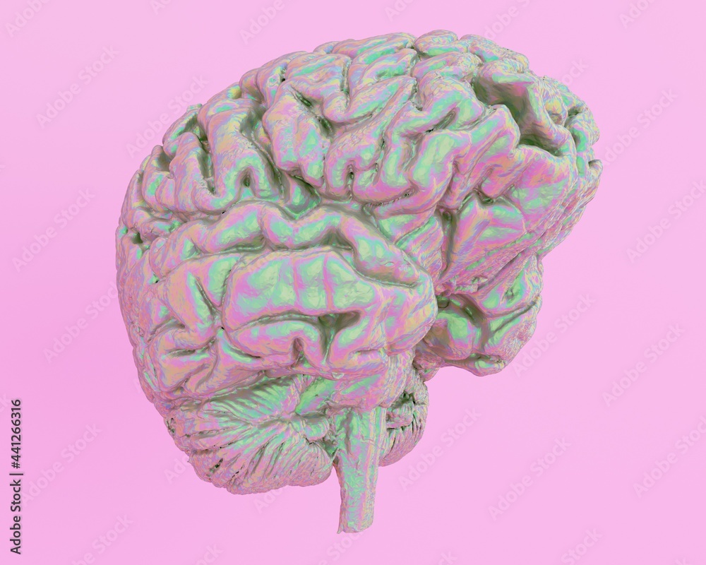 Poster 3d illustration of a brain model made of shimmering holographic material.