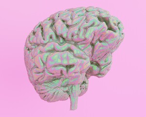 3D illustration of a brain model made of shimmering holographic material.