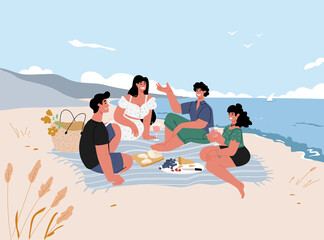 Obraz premium Friends make a sea shore picnic at summer, having fun on the sea, relaxing,talking,having fun.Vector flat illustration.