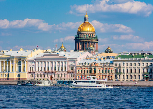 English embankment and dome of St. Isaac's Cathedral, Saint Petersburg, Russia
