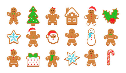 Christmas Gingerbread cookies. Classic Xmas biscuit. Noel holiday sweet dessert isolated on white background. Cute ginger bread men, tree, santa, holly, snowman and gift box. Vector illustration.