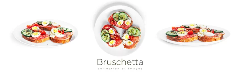 Crédence de cuisine en verre imprimé Légumes frais Bruschetta with cream cheese, sausage and vegetables isolated on a white background. Rye bread toast. Sausage sandwich. Sandwich with vegetables and cheese.
