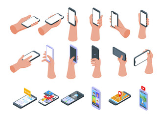 Hand holding phone icons set. Isometric set of hand holding phone vector icons for web design isolated on white background