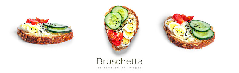 Bruschetta with cream cheese, sausage and vegetables isolated on a white background. Rye bread toast. Sausage sandwich. Sandwich with vegetables and cheese.