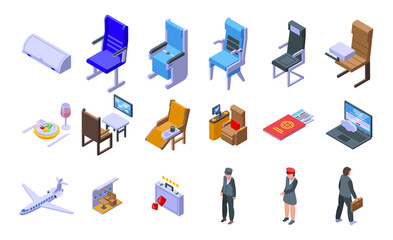 First class travel icons set. Isometric set of first class travel vector icons for web design isolated on white background