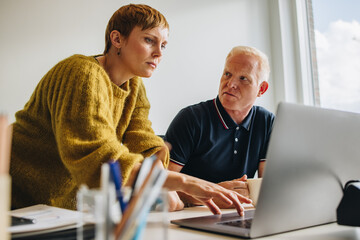 Two office colleagues working together on project