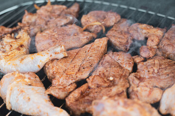 Barbecue - grilled meat (chicken legs and pork neck) on the grill