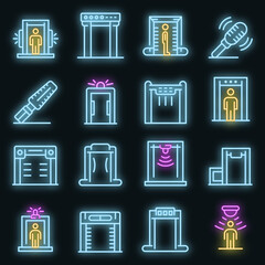 Metal detector icons set. Outline set of metal detector vector icons neon color on black