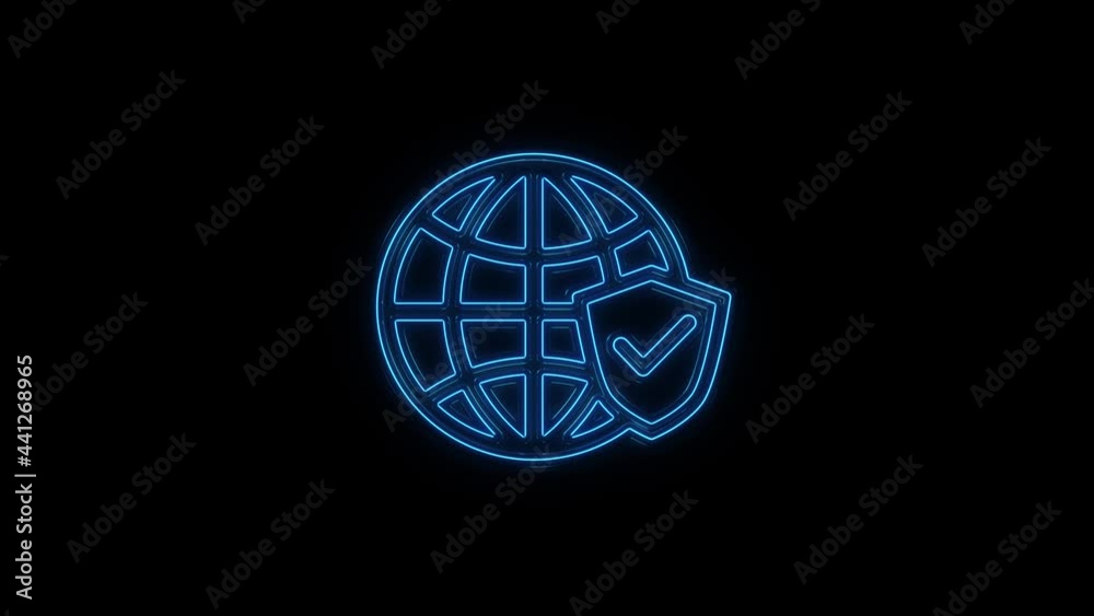 Poster glowing neon line earth globe icon isolated on black background. shield with checkmark. 4k