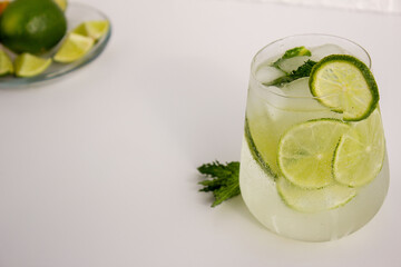 Refreshing non-alcoholic mojito with lime, mint, ice.