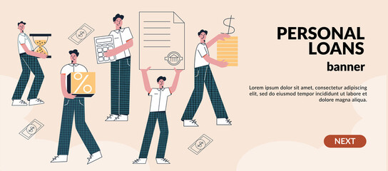 Credit and loan money facilities approval Bank credit program business concept. Loan disbursement, quick service. Banking team, people working together. Flat vector illustration, web banner template