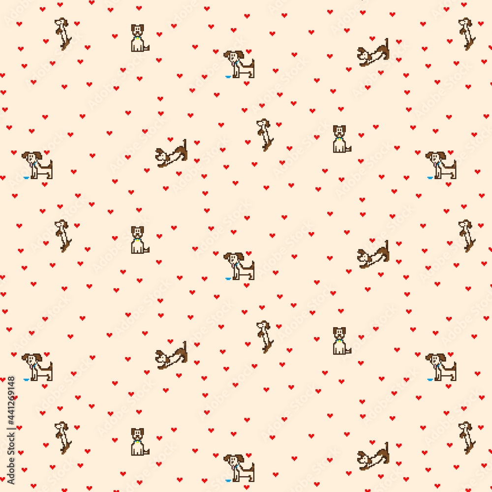 Poster happy valentine's day. cute pixel dogs, retro video computer game seamless vector pattern. colorful 