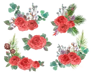 Poster set of Christmas winter bouquets for cards with red roses and spruce branches with pine cones painted in watercolor isolated on white background for greeting cards and other design © Марина Воюш