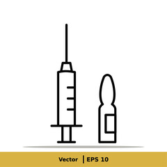 Vaccine, Vaccination, Inoculation, Inject, Syringe Icon Illustration. Injection Sign Symbol Logo Template. Vector Line Icon EPS 10