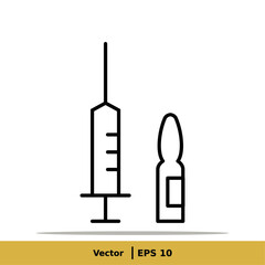 Vaccine, Vaccination, Inoculation, Inject, Syringe Icon Illustration. Injection Sign Symbol Logo Template. Vector Line Icon EPS 10