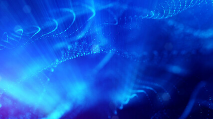 3d rendering background of microworld or sci-fi theme with glowing particles form curved lines, 3d surfaces, grid structures with depth of field, bokeh. Deep blue wave forms