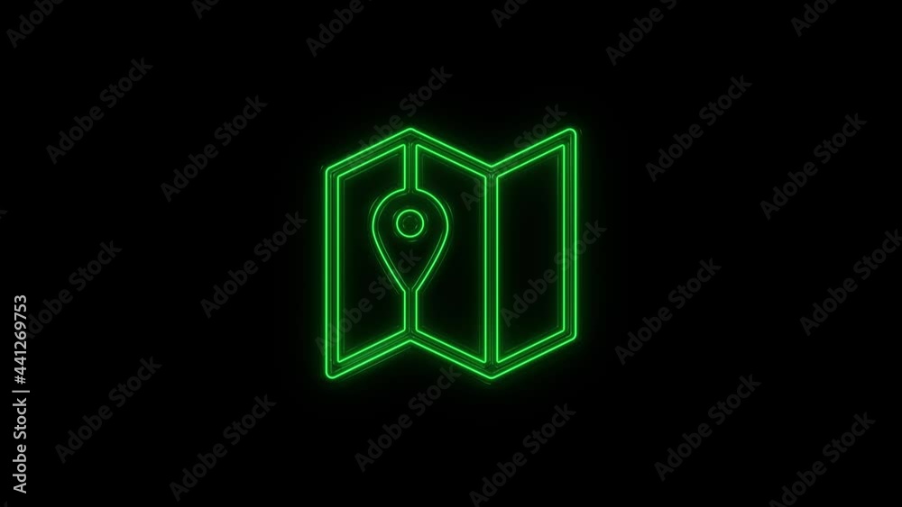 Aufkleber glowing neon line folded map with location marker icon isolated on black background. 4k