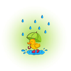 A duckling in red boots walks in the rain under an umbrella through the puddles