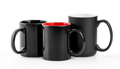 Set of three black cups isolated on white background