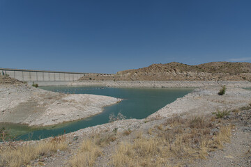 Elephant Butte Lake and dame during drought low reservoir waterline 90 feet down
